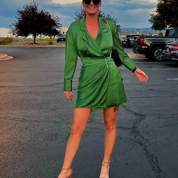 BA&SH Green Mini Shirt Dress XS Wrap Designer Cocktail Satin Ruched Holiday $340 - Picture 6 of 12